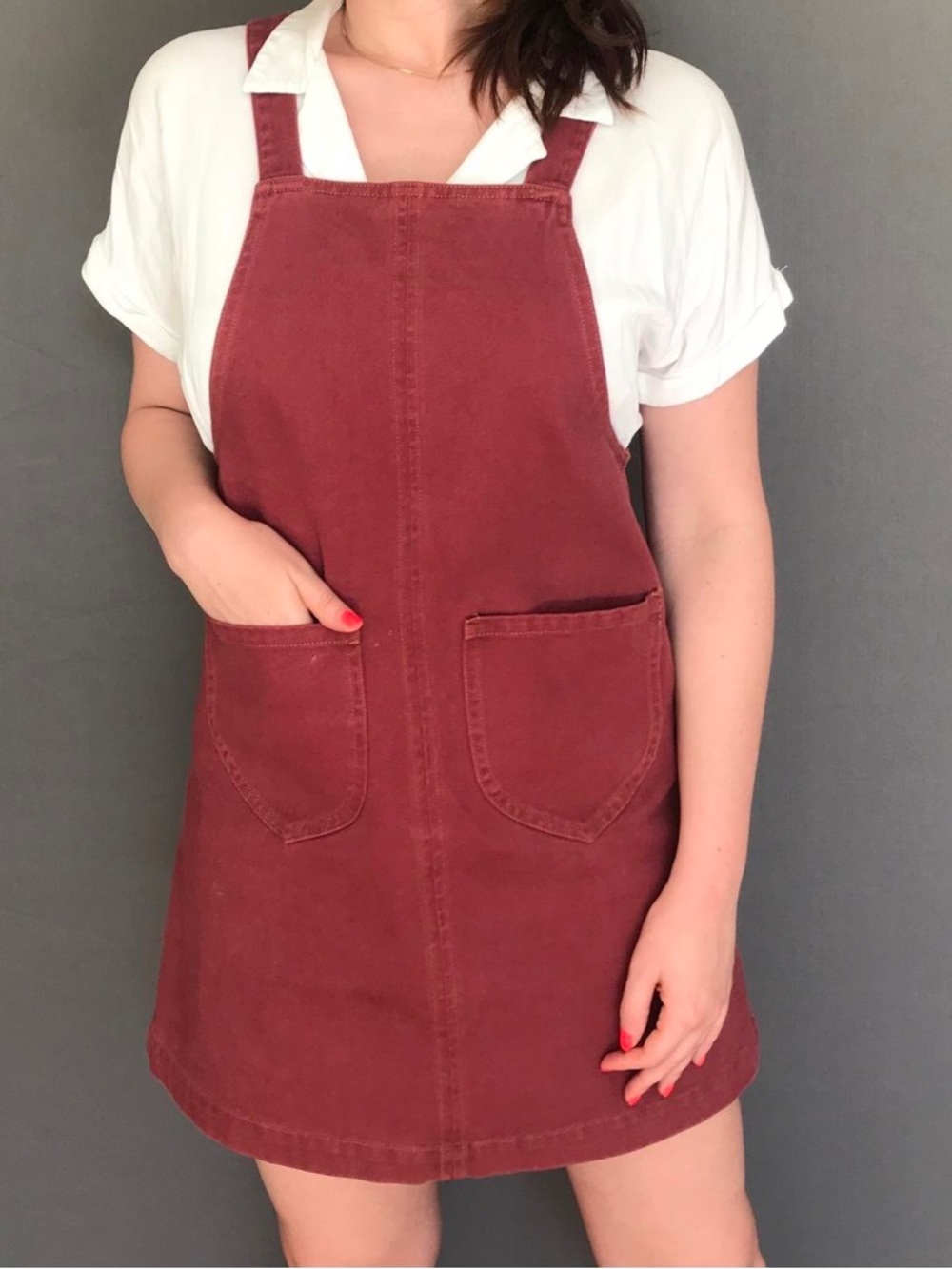 Frank and Oak red overall dress size XS with two front pockets.